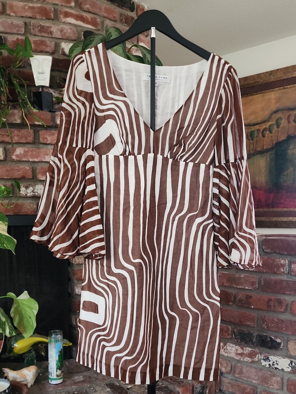 Tina Turk Brown White Abstract Stripe Cotton Bell Sleeve Mini Dress Size 4